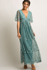 Sage Lace Mesh Overlay Maternity Maxi Dress