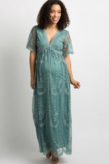 Sage Lace Mesh Overlay Maternity Maxi Dress