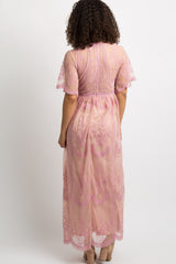 Pink Lace Mesh Overlay Maternity Maxi Dress