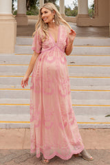 Pink Lace Mesh Overlay Maternity Maxi Dress