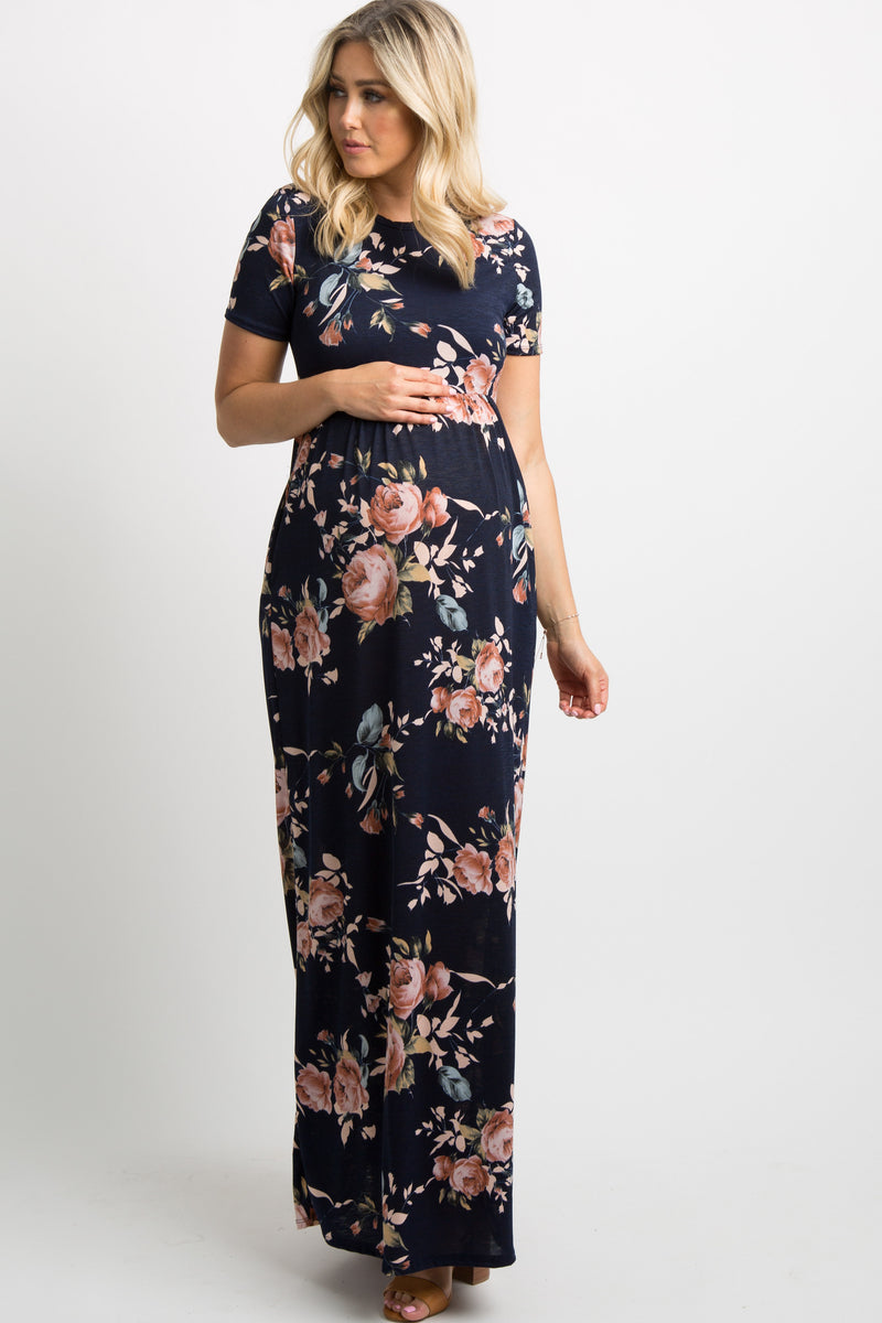 Navy Blue Rose Print Short Sleeve Maternity Maxi Dress – PinkBlush