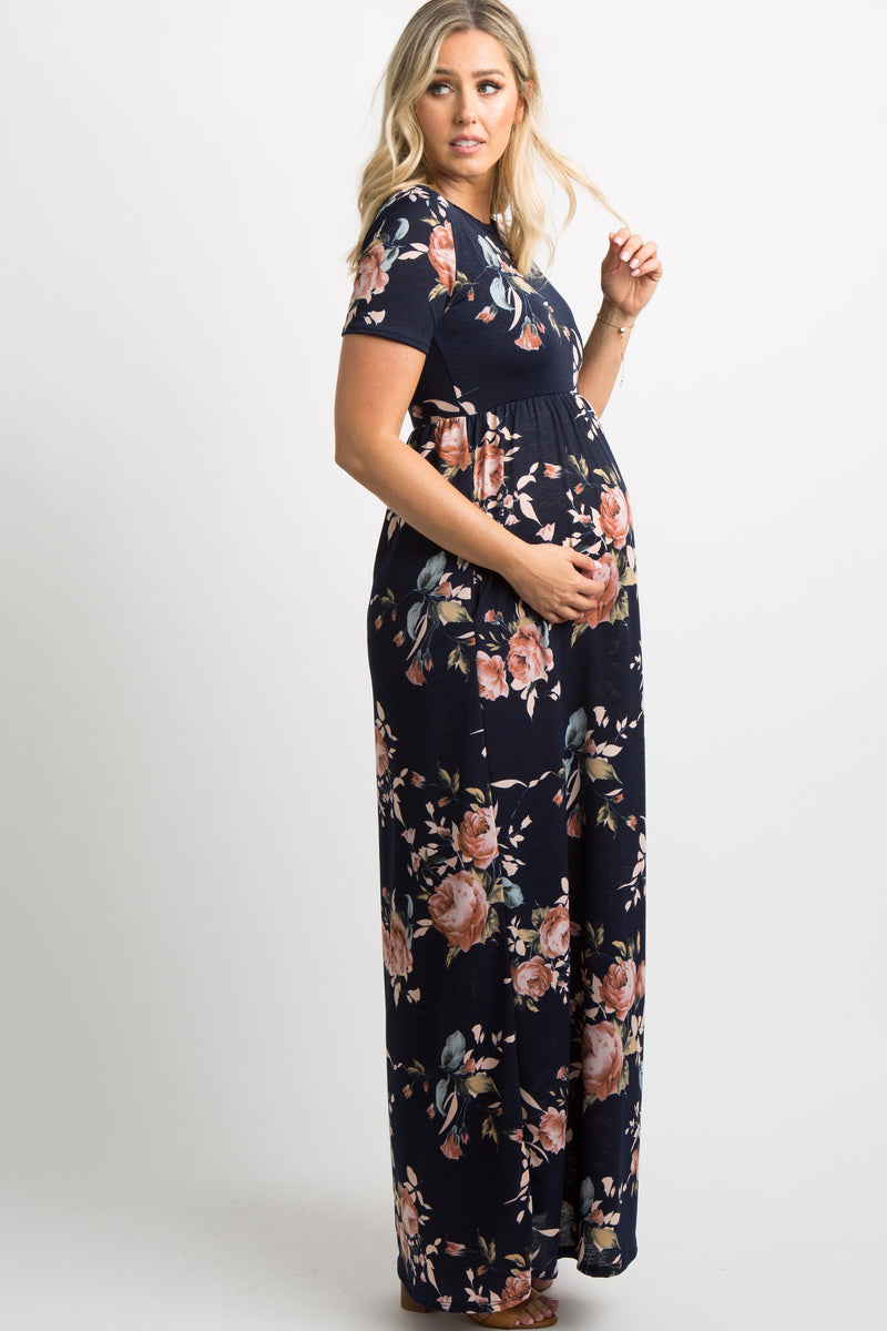 Navy Blue Rose Print Short Sleeve Maternity Maxi Dress – PinkBlush