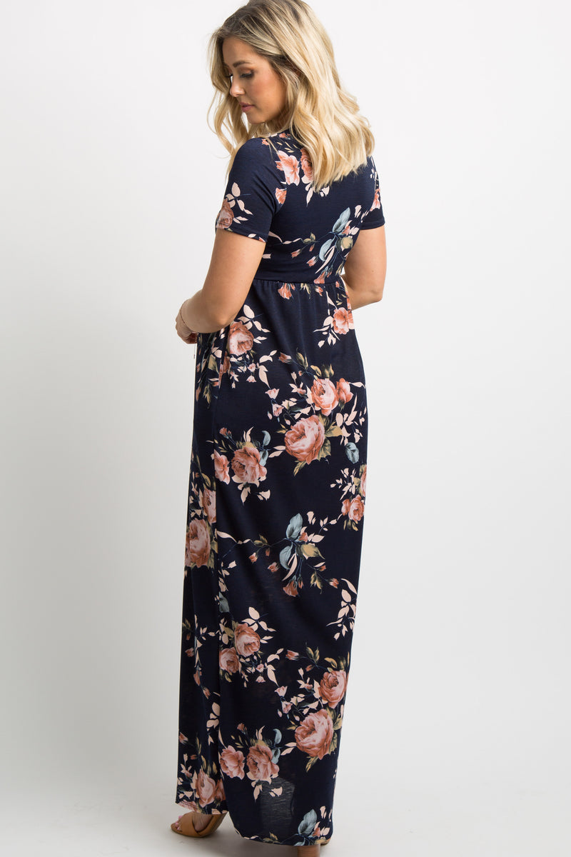 Navy Blue Rose Print Short Sleeve Maternity Maxi Dress – PinkBlush