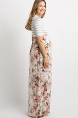 Ivory Striped Colorblock Floral Maternity Maxi Dress