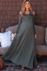 PinkBlush Olive Solid Off Shoulder Maternity Maxi Dress