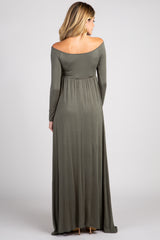 PinkBlush Olive Solid Off Shoulder Maternity Maxi Dress