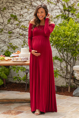 PinkBlush Burgundy Solid Off Shoulder Maternity Maxi Dress