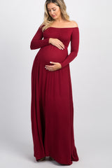 PinkBlush Burgundy Solid Off Shoulder Maternity Maxi Dress