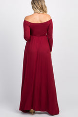 PinkBlush Burgundy Solid Off Shoulder Maternity Maxi Dress