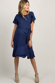 Navy Blue Solid Flounce Trim Maternity Dress