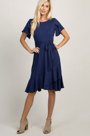 Navy Blue Solid Flounce Trim Dress