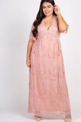 PinkBlush Light Pink Lace Mesh Overlay Plus Maternity Maxi Dress