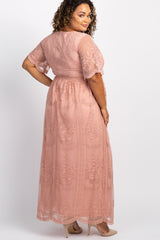 PinkBlush Light Pink Lace Mesh Overlay Plus Maternity Maxi Dress