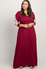 Burgundy Crochet Sleeve Plus Maternity Maxi Dress