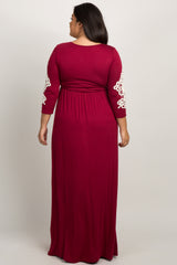 Burgundy Crochet Sleeve Plus Maternity Maxi Dress