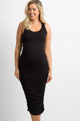 Black Solid Ruched Fitted Maternity Bodycon Midi Dress