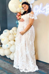 Ivory Floral Embroidered Mesh Maternity Evening Gown