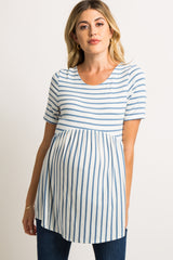 PinkBlush Blue Striped Cross Back Peplum Maternity Top