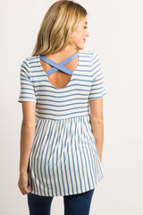 PinkBlush Blue Striped Cross Back Peplum Maternity Top