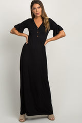 Black Button Ruffle Sleeve Maternity Maxi Dress