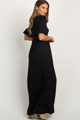 Black Button Ruffle Sleeve Maxi Dress