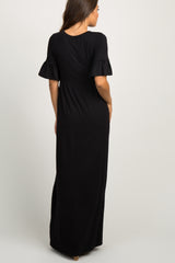 Black Button Ruffle Sleeve Maternity Maxi Dress