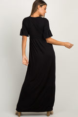 Black Button Ruffle Sleeve Maxi Dress