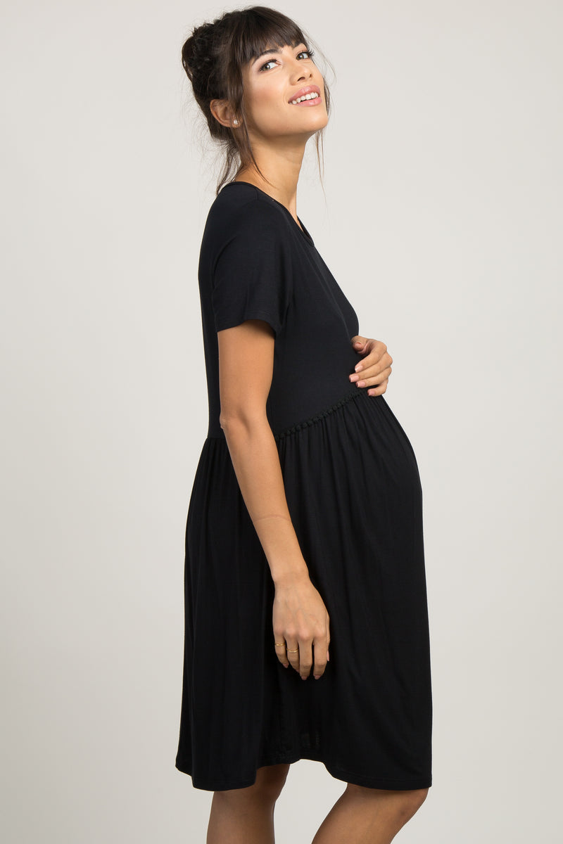 PinkBlush Black Solid Crochet Trim Maternity Shift Dress