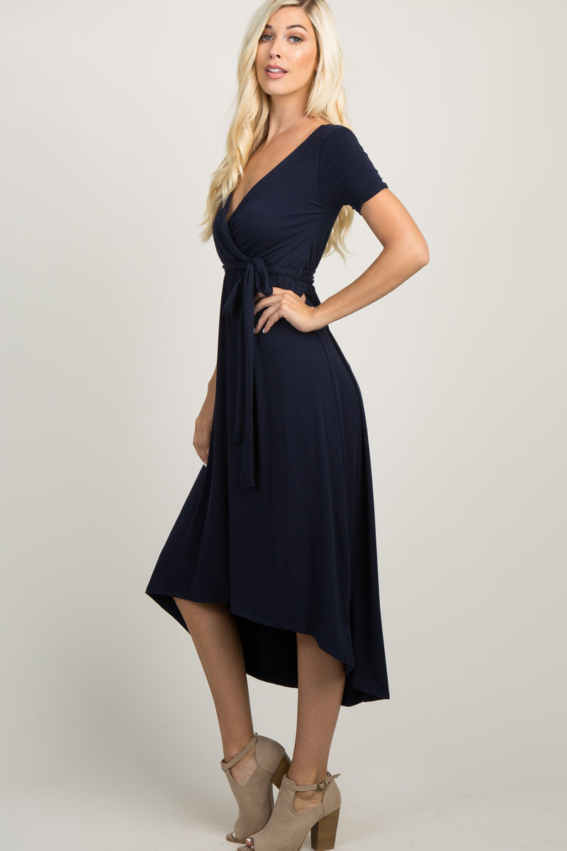 PinkBlush Navy Blue Solid Hi-Low Wrap Dress