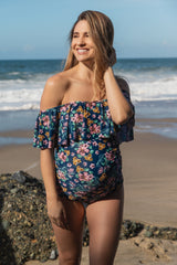 Blue Floral Ruffle Trim Ruched One-Piece Maternity Swimsuit