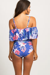 Periwinkle Floral Ruffle Trim Ruched One-Piece Maternity Swimsuit