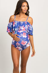 Periwinkle Floral Ruffle Trim Ruched One-Piece Maternity Swimsuit