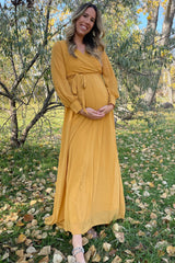 Yellow Chiffon Long Sleeve Pleated Maternity Maxi Dress