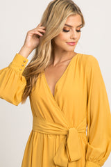 Yellow Chiffon Long Sleeve Pleated Maxi Dress