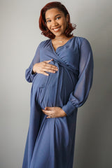 Blue Chiffon Long Sleeve Pleated Maternity Maxi Dress