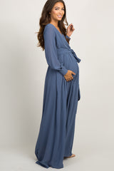 Blue Chiffon Long Sleeve Pleated Maternity Maxi Dress