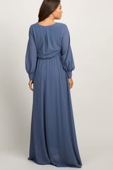 Blue Chiffon Long Sleeve Pleated Maternity Maxi Dress