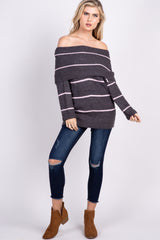 Charcoal Striped Knit Foldover Sweater