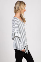 Heather Grey Striped Ruffle Sleeve Button Tie Front Top