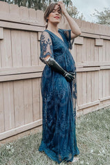 PinkBlush Navy Blue Lace Mesh Overlay Maternity Maxi Dress