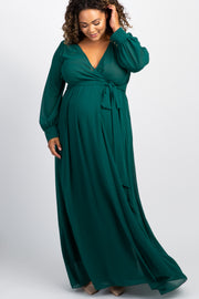 Green Chiffon Long Sleeve Pleated Plus Maternity Maxi Dress