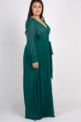 Green Chiffon Long Sleeve Pleated Plus Maxi Dress