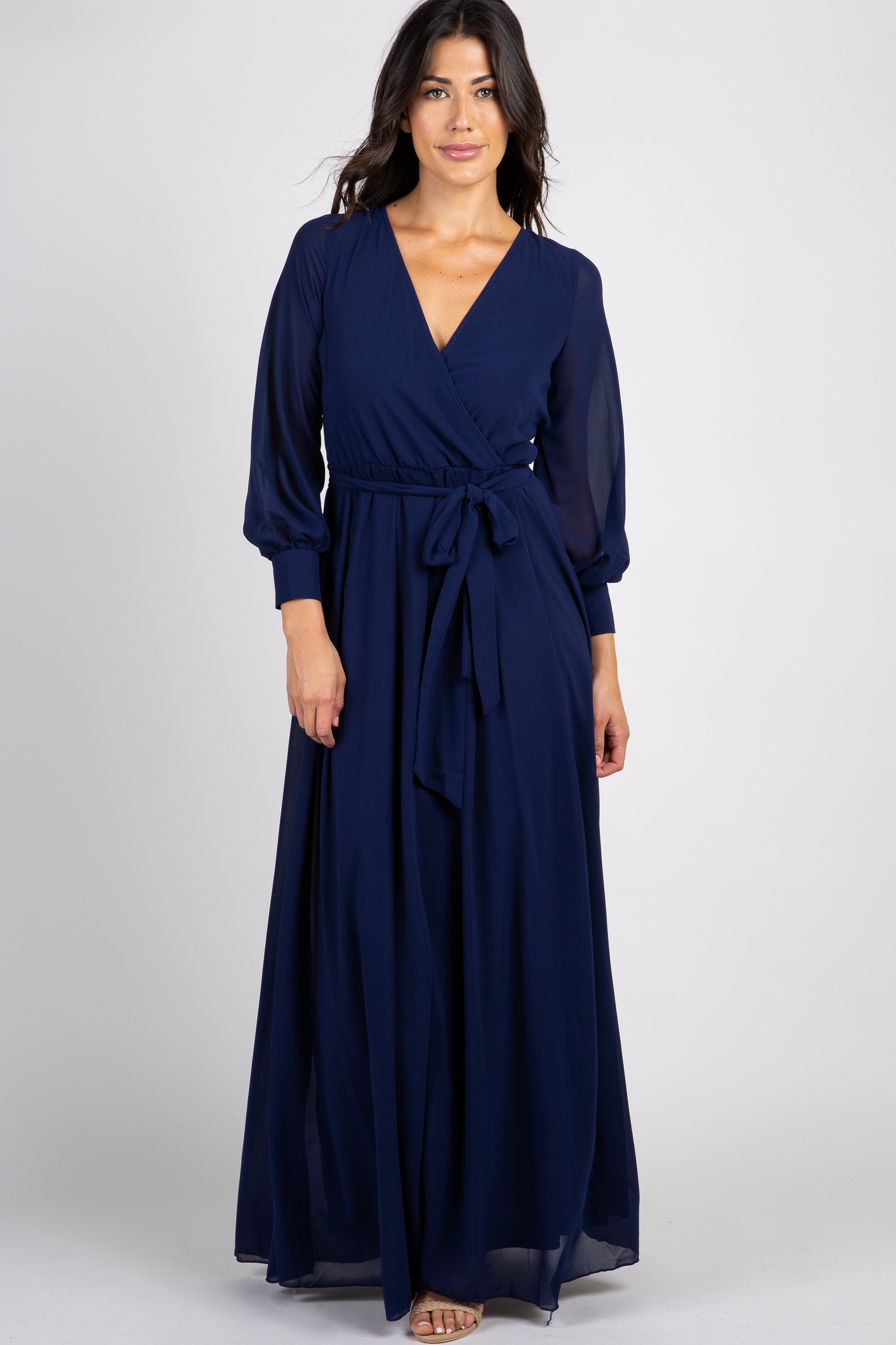 Pinkblush Navy Chiffon Long Sleeve Pleated Maxi Dress