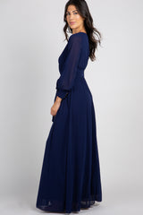 Navy Chiffon Long Sleeve Pleated Maxi Dress