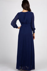 Navy Chiffon Long Sleeve Pleated Maxi Dress