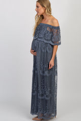 Blue Lace Mesh Overlay Off Shoulder Maternity Maxi Dress