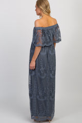 Blue Lace Mesh Overlay Off Shoulder Maternity Maxi Dress