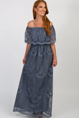 Blue Lace Mesh Overlay Off Shoulder Maternity Maxi Dress