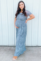 Blue Lace Mesh Overlay Off Shoulder Maternity Maxi Dress