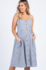 Navy Striped Sweetheart Button Front Maternity Dress